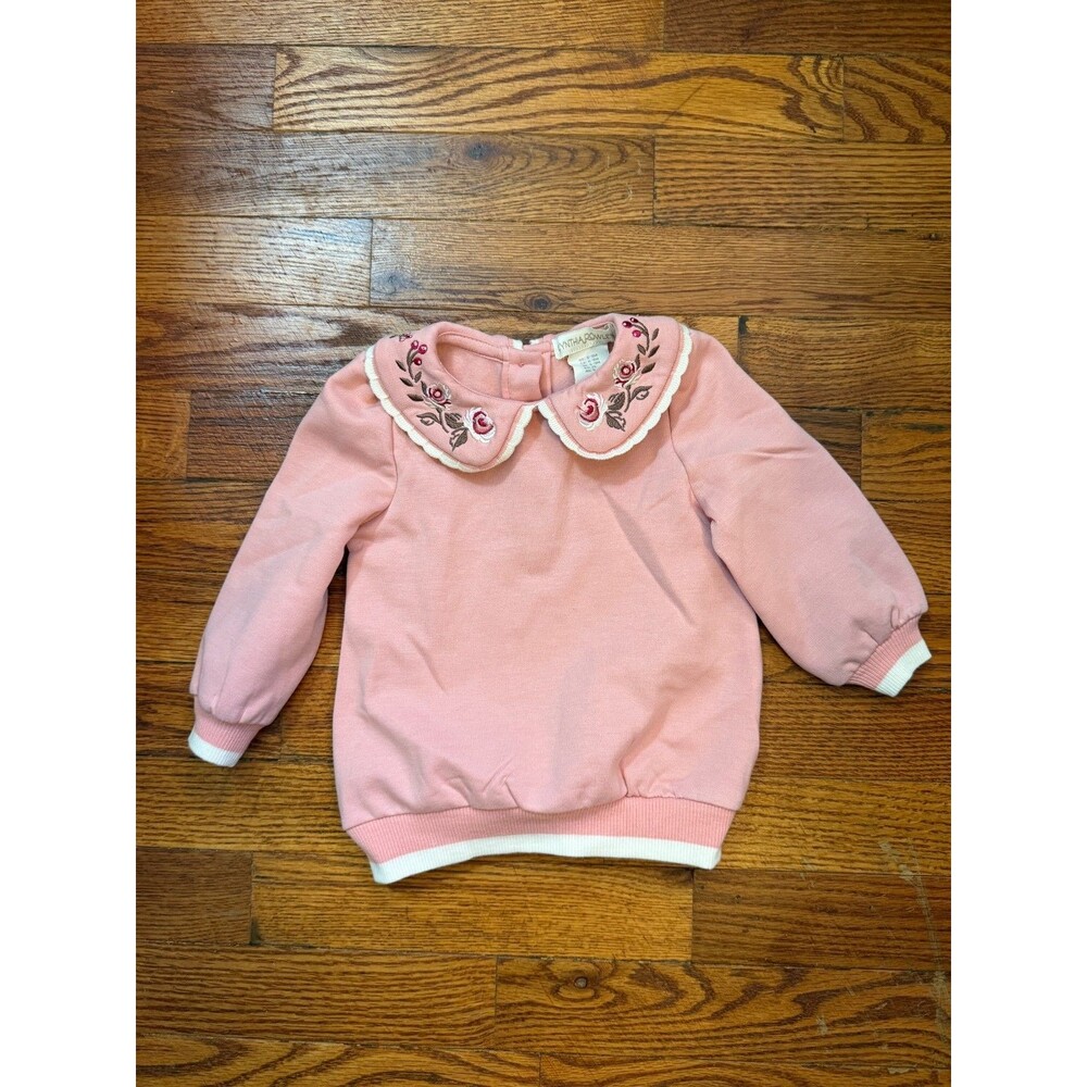 Vintage Martha Pownell Girls Pink Sweatshirt Embroidered Floral Collar 6-9M